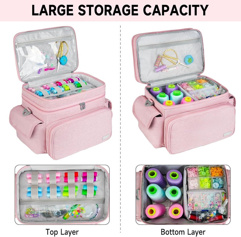 LEFORZ Large Sewing Supplies Organizer Storage Bag,Double-Layer Protable Travel Sewing Basket for Sew Accessories & Tools,Pink(Bag Only) - Image 3